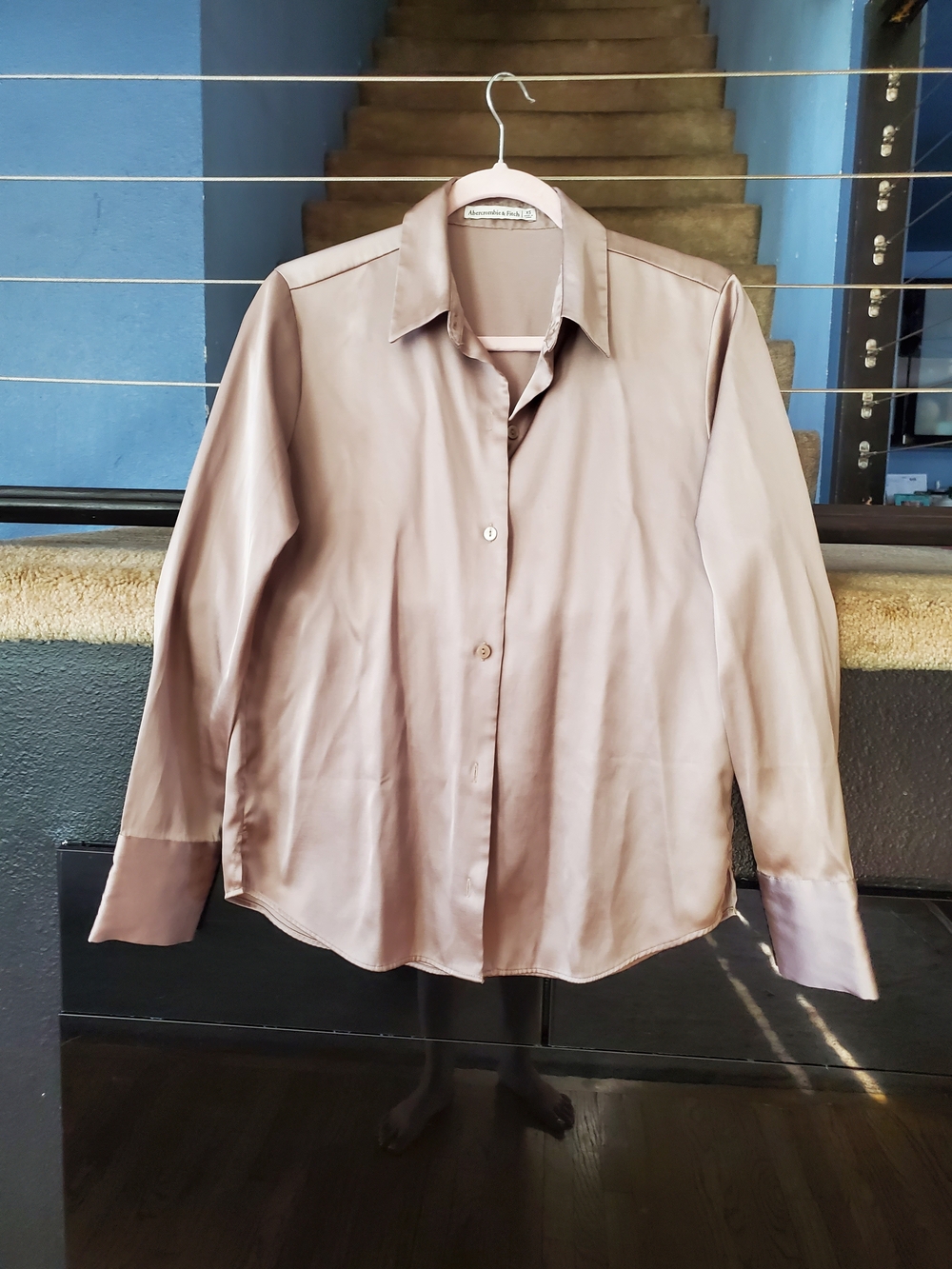 Abercrombie & Fitch Satin Button-Front Blouse in Taupe Beige